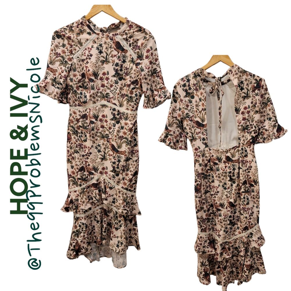 Hope & Ivy Dress Floral Midi Dress Peplum Hem Ruffle Sleeves